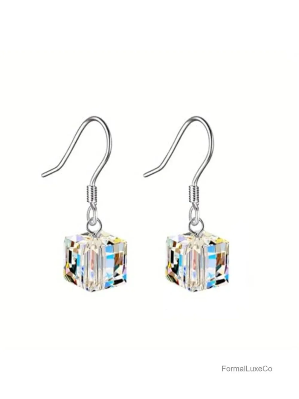Austrian Crystal Cube Earrings for Women Handmade Clear Silver Plated Dangle